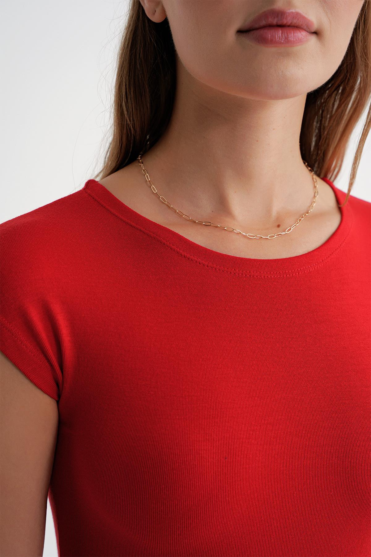 2009 Kadın Vücuda Oturan Basic Crop T-Shirt Kırmızı
