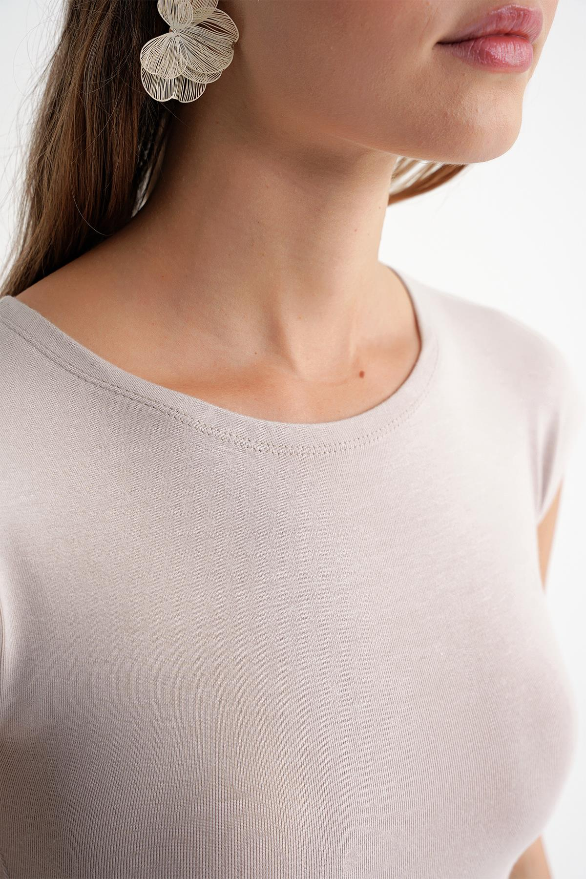 2009 Kadın Vücuda Oturan Basic Crop T-Shirt Taş