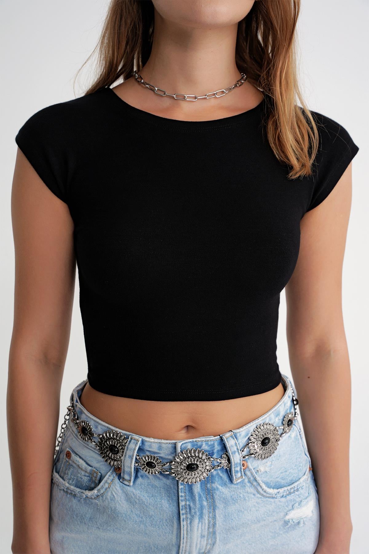 2009 Kadın Vücuda Oturan Basic Crop T-Shirt Siyah