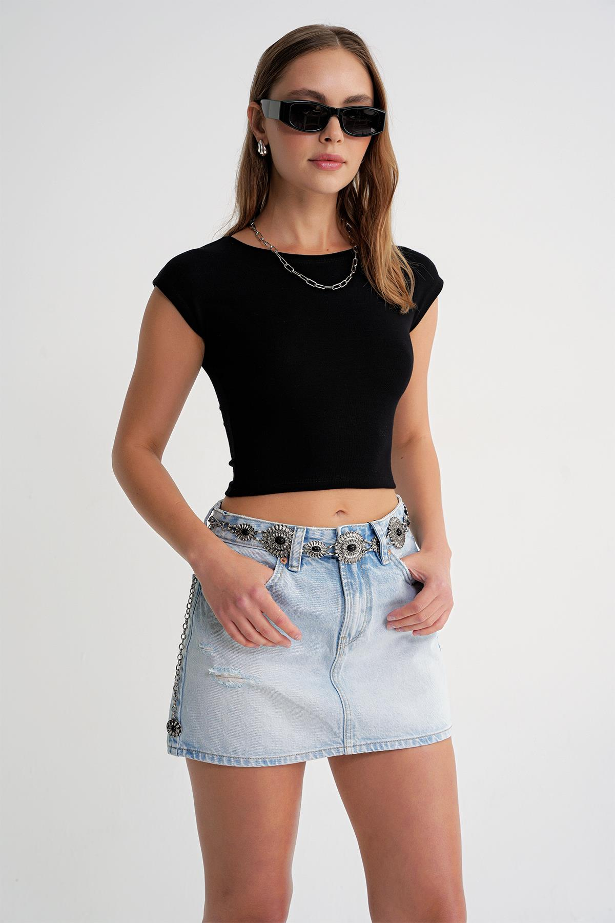 2009 Kadın Vücuda Oturan Basic Crop T-Shirt Siyah