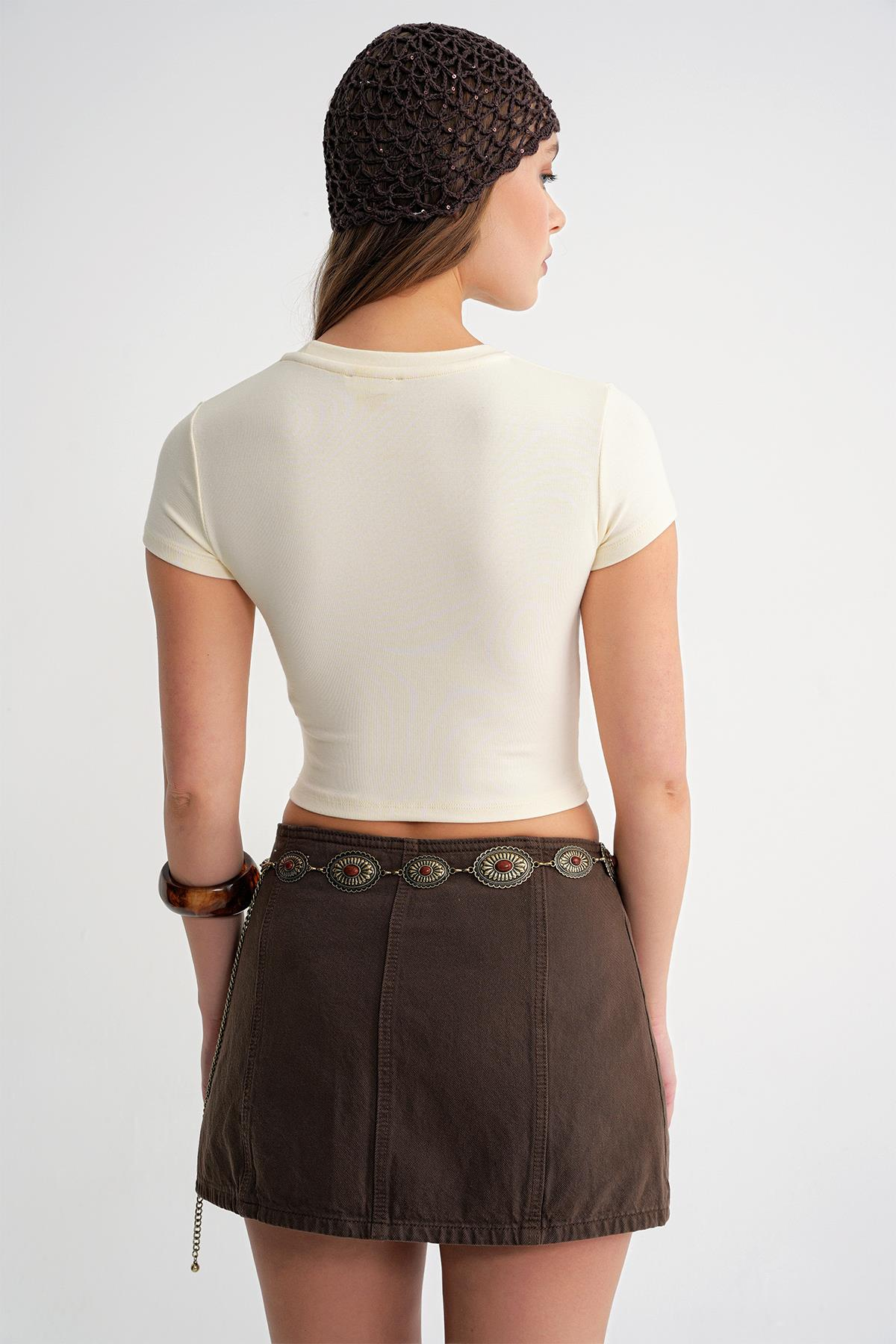 2011 Kadın Slim Fit Basic Crop T-Shirt Pastel Sarısı