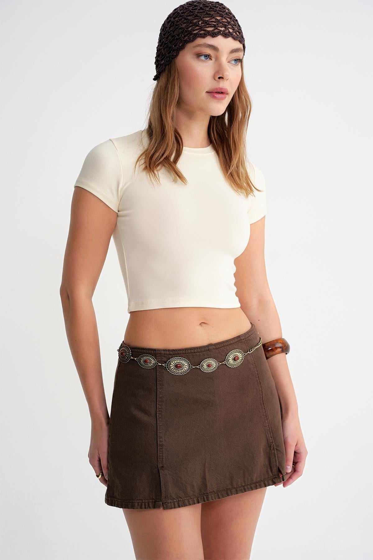 2011 Kadın Slim Fit Basic Crop T-Shirt Pastel Sarısı