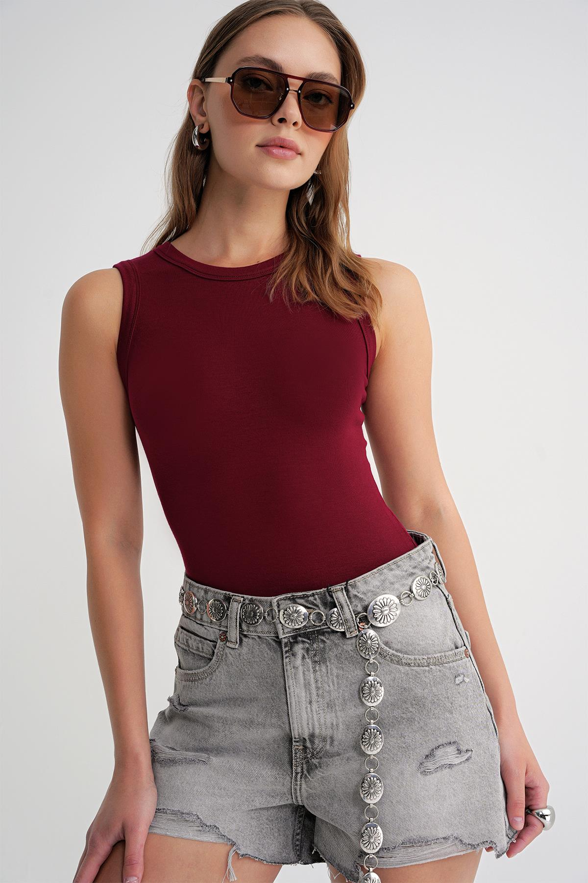 2012 Kadın Slim Fit Basic Atlet Bordo