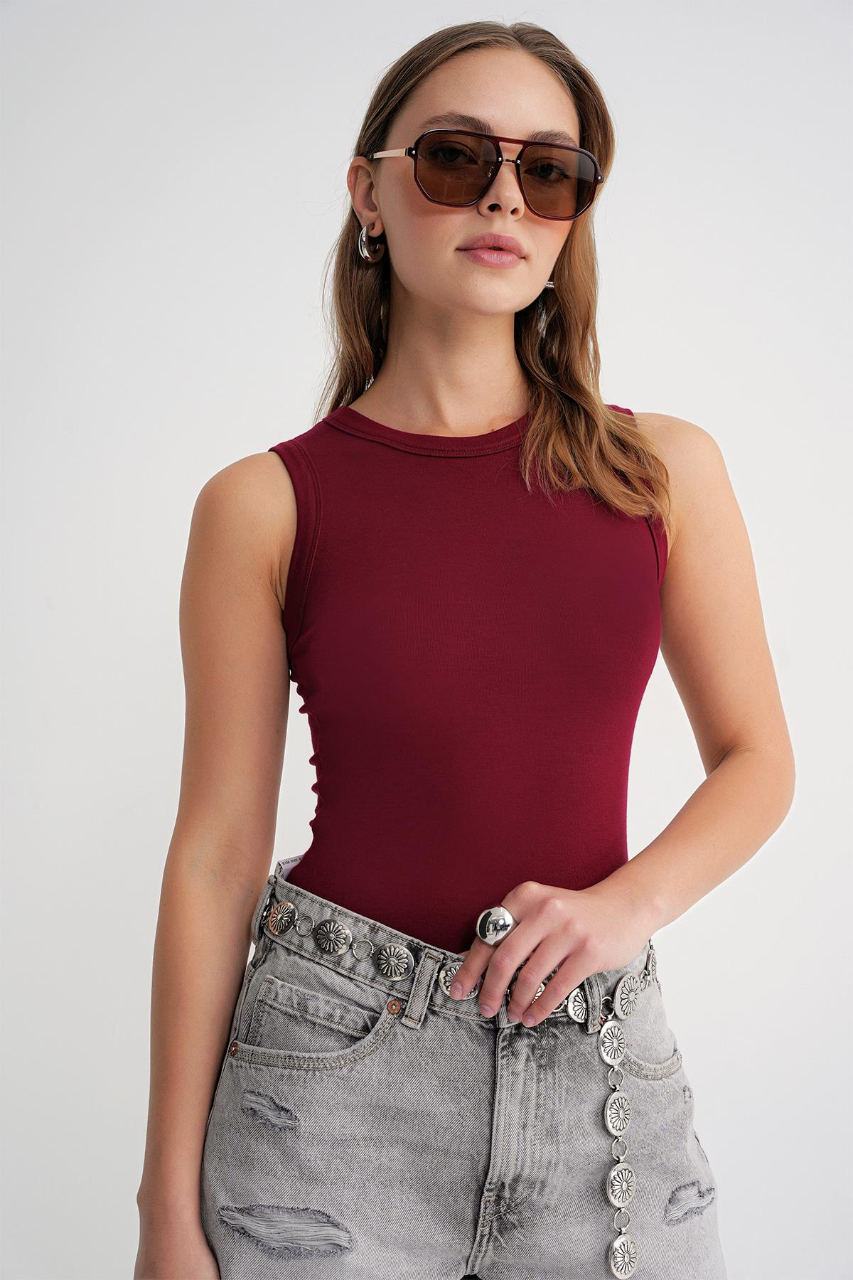 2012 Kadın Slim Fit Basic Atlet Bordo