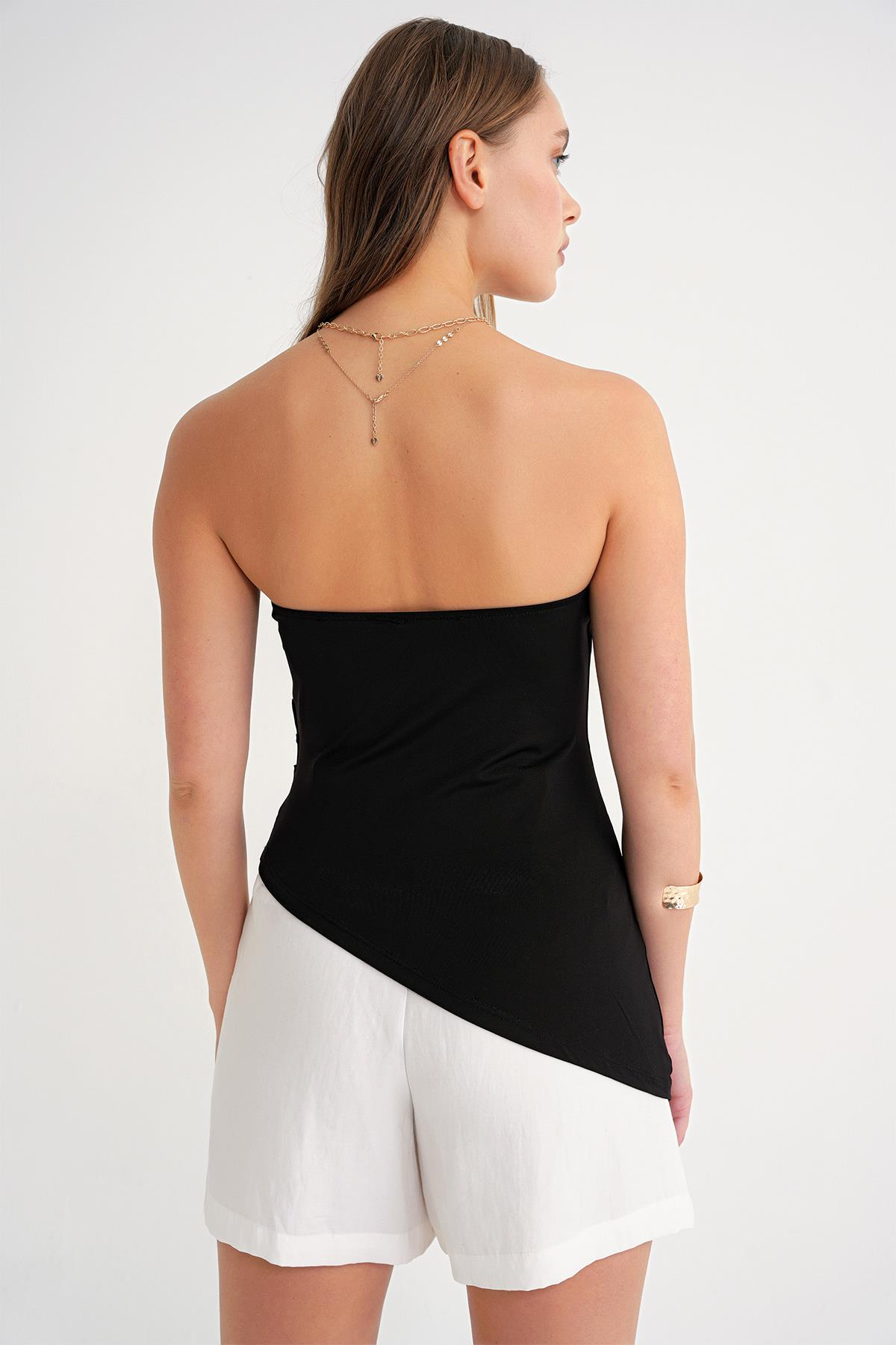 2013 Kadın Beli Büzgülü Asimetrik Straplez Bluz Siyah