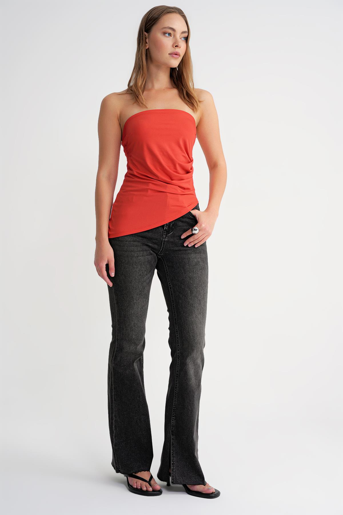 2013 Kadın Beli Büzgülü Asimetrik Straplez Bluz Kırmızı