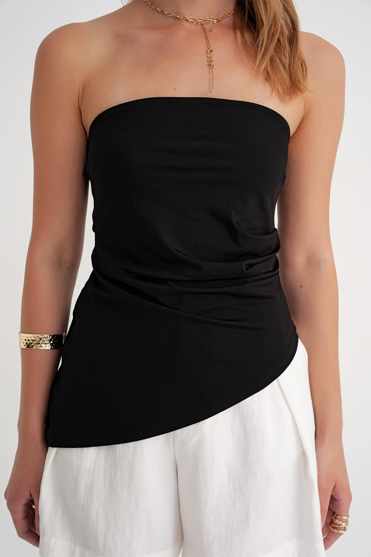 2013 Kadın Beli Büzgülü Asimetrik Straplez Bluz Siyah