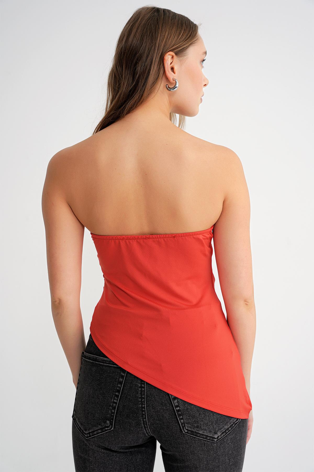 2013 Kadın Beli Büzgülü Asimetrik Straplez Bluz Kırmızı