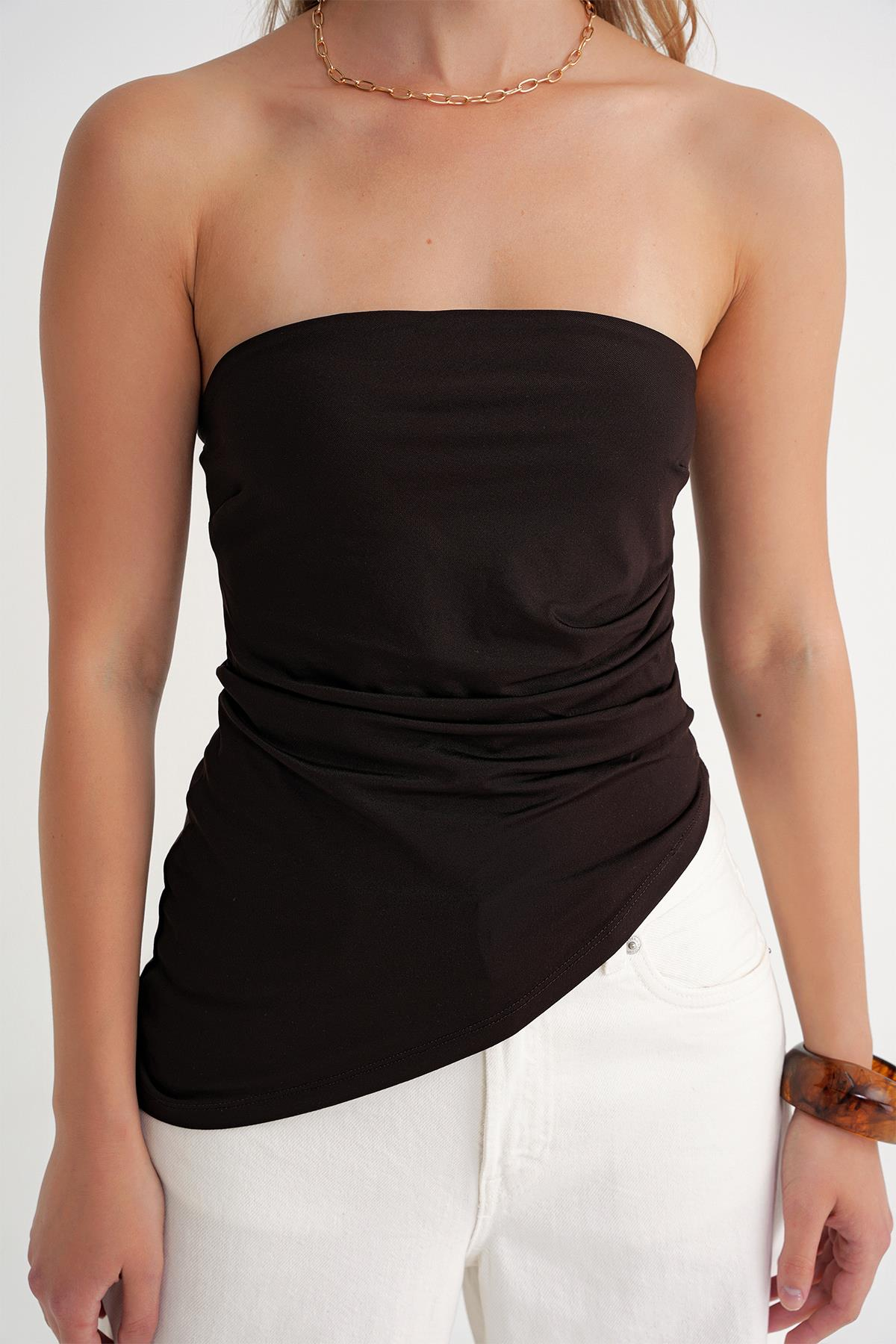 2013 Kadın Beli Büzgülü Asimetrik Straplez Bluz Kahve