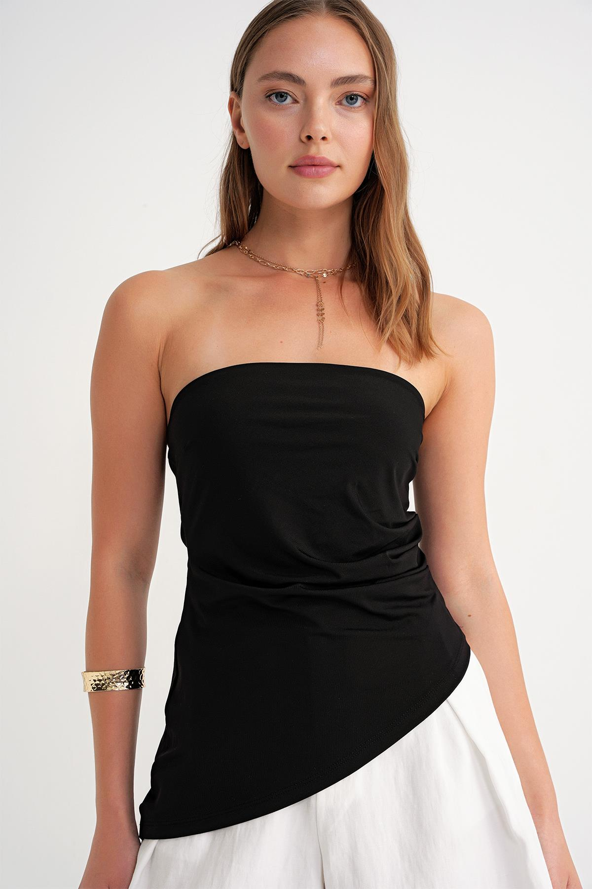 2013 Kadın Beli Büzgülü Asimetrik Straplez Bluz Siyah