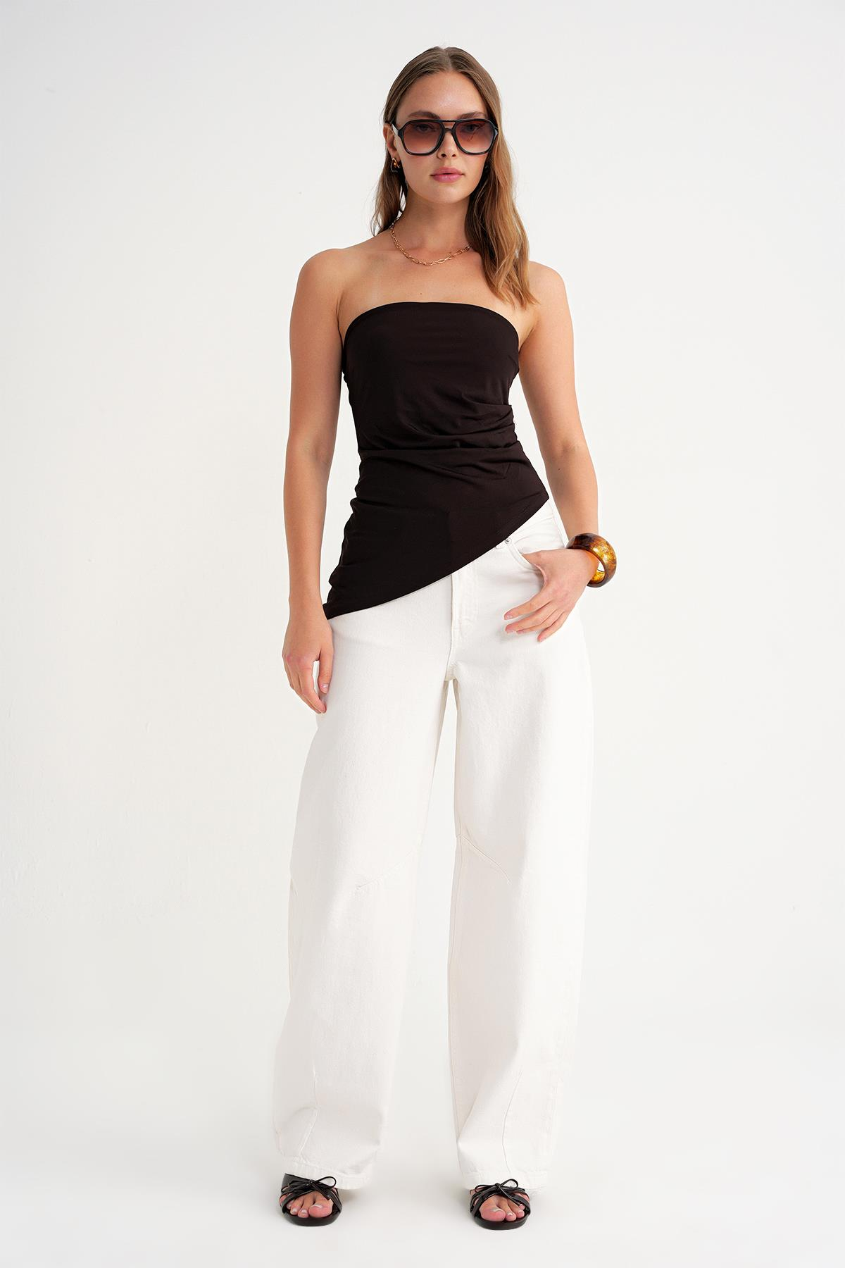 2013 Kadın Beli Büzgülü Asimetrik Straplez Bluz Kahve