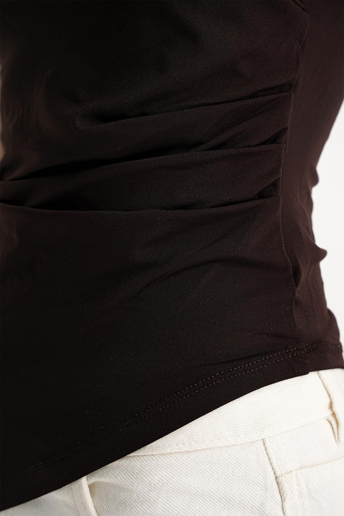 2013 Kadın Beli Büzgülü Asimetrik Straplez Bluz Kahve