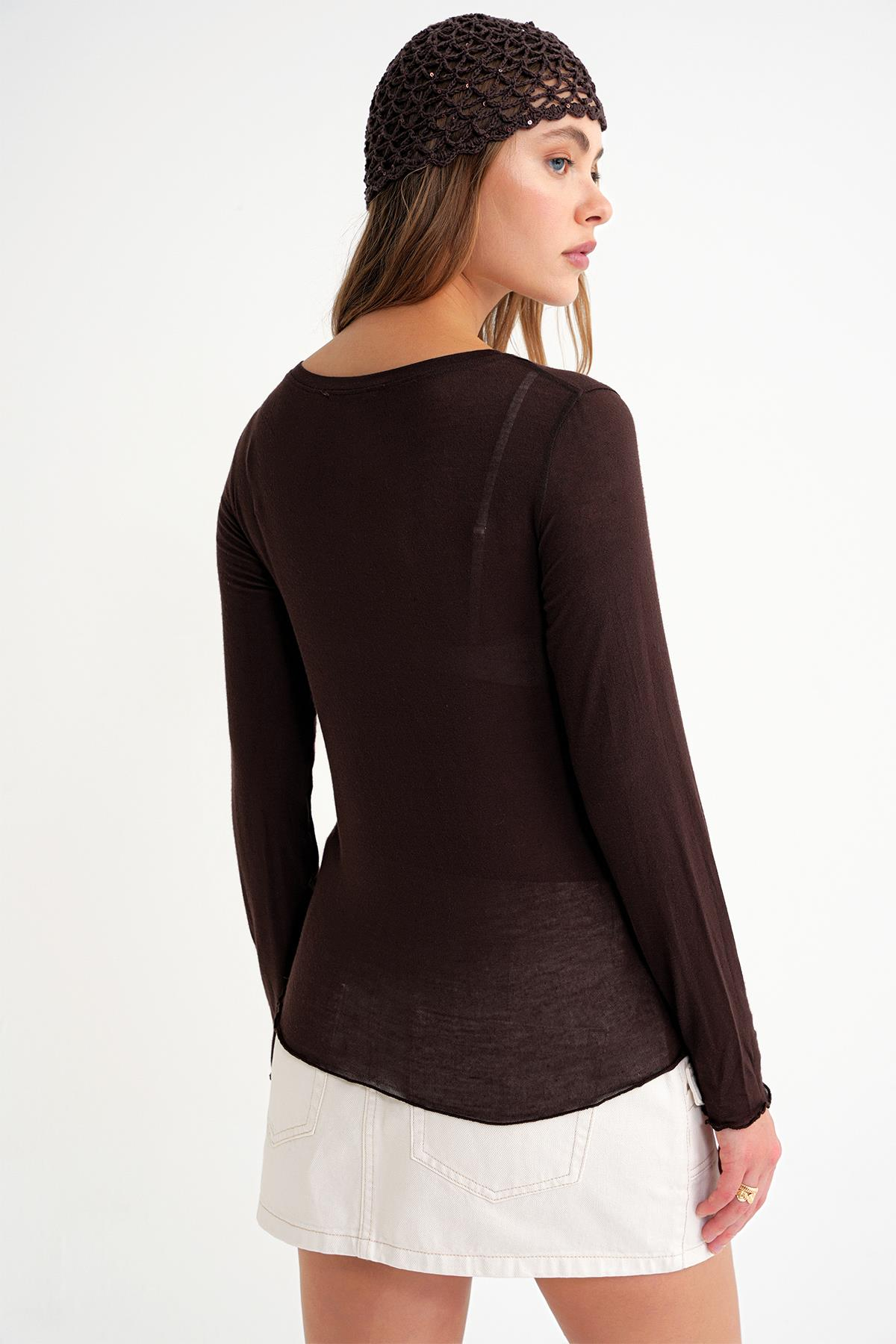 2014 Kadın Bisiklet Yaka Yazlık Transparan Bluz Kahve