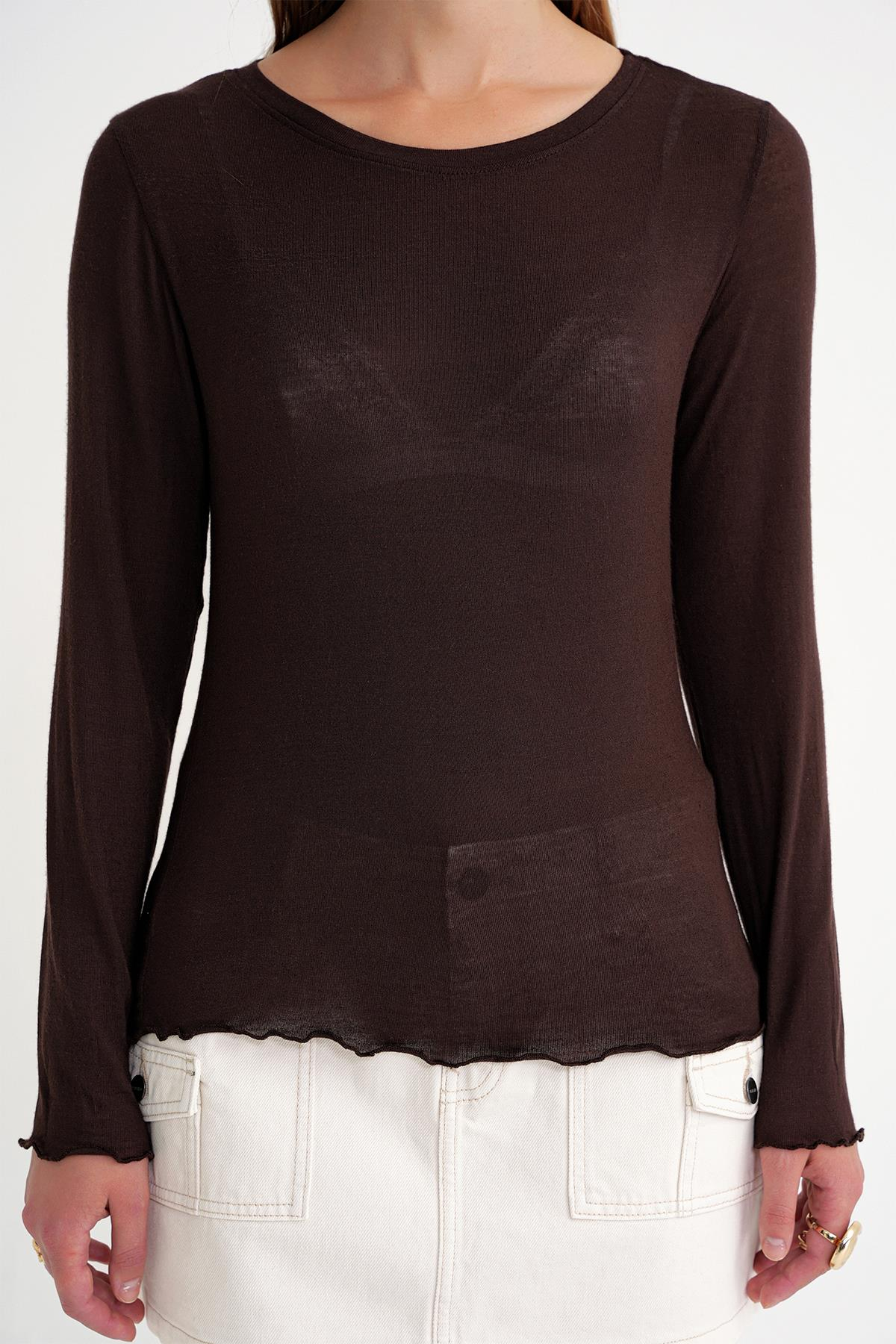 2014 Kadın Bisiklet Yaka Yazlık Transparan Bluz Kahve