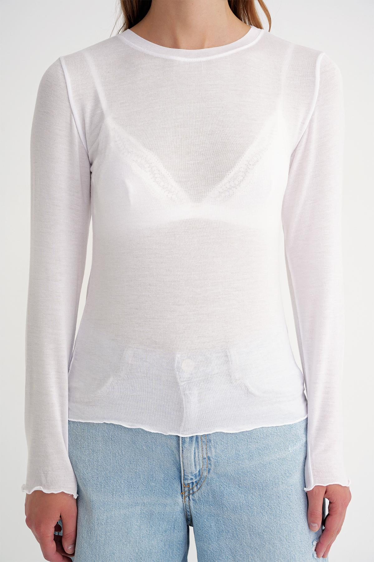 2014 Kadın Bisiklet Yaka Yazlık Transparan Bluz Beyaz