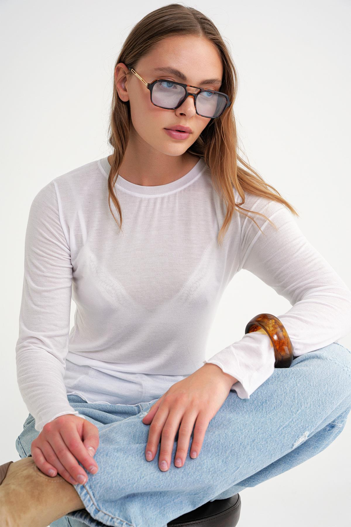 2014 Kadın Bisiklet Yaka Yazlık Transparan Bluz Beyaz