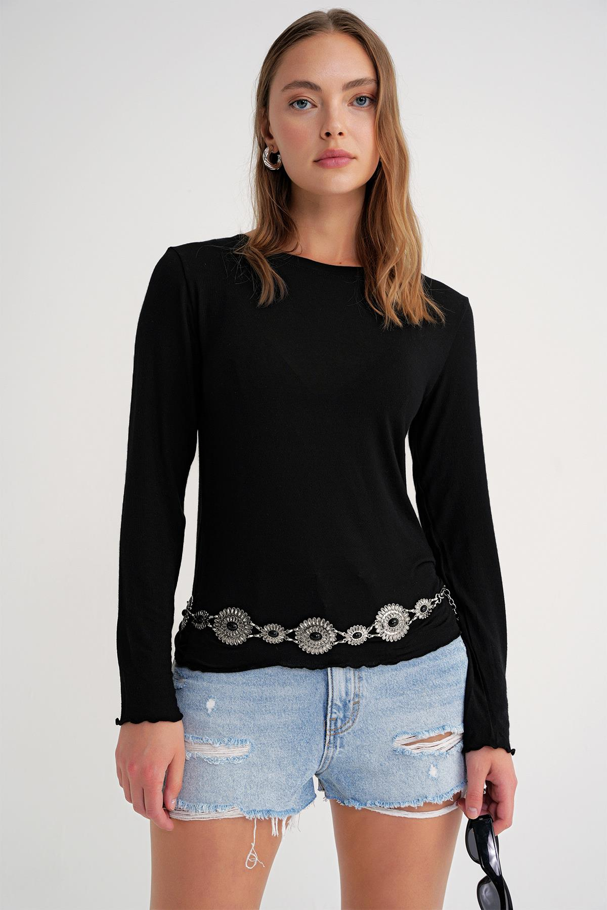 2014 Kadın Bisiklet Yaka Yazlık Transparan Bluz Siyah