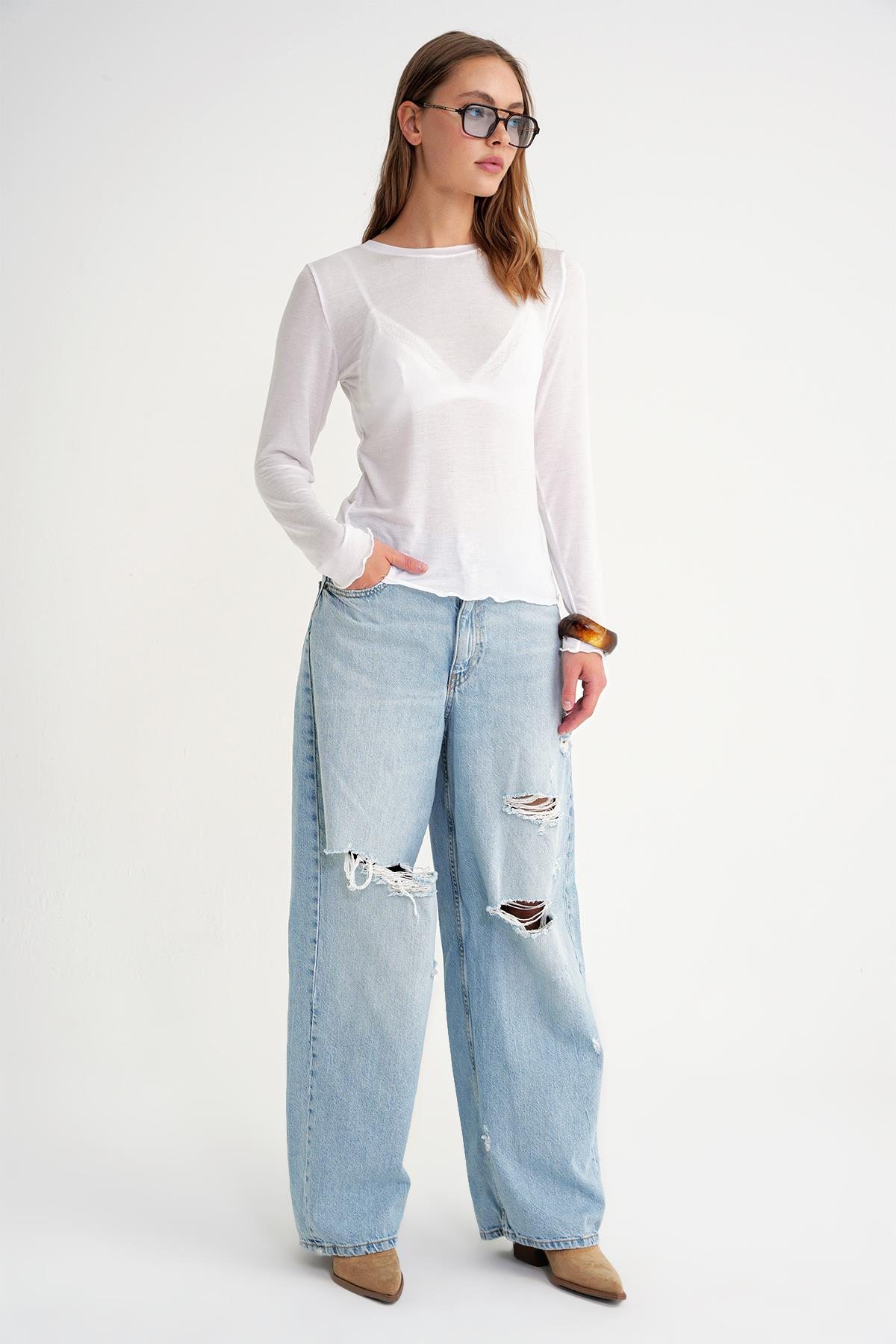 2014 Kadın Bisiklet Yaka Yazlık Transparan Bluz Beyaz