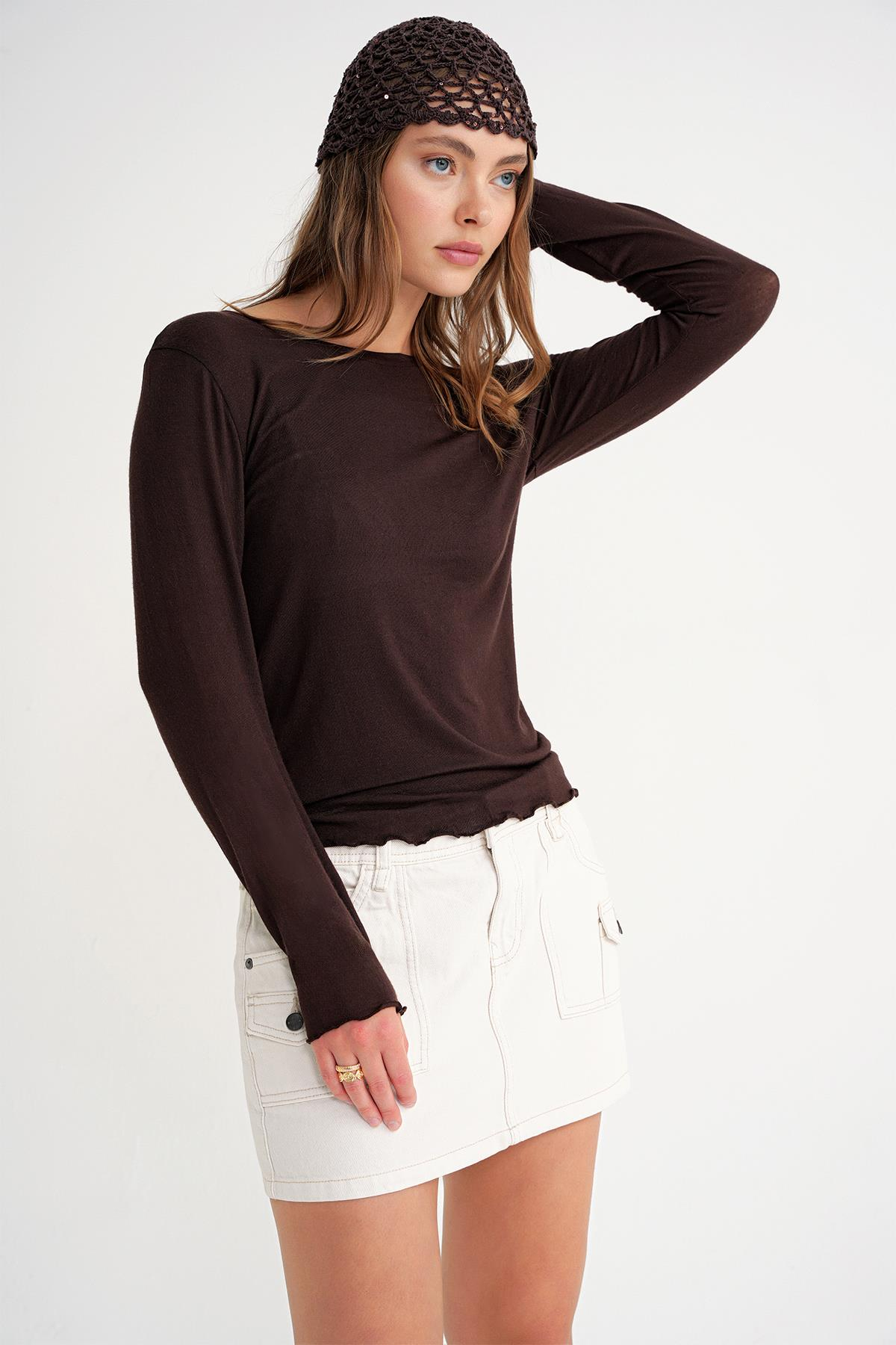 2014 Kadın Bisiklet Yaka Yazlık Transparan Bluz Kahve