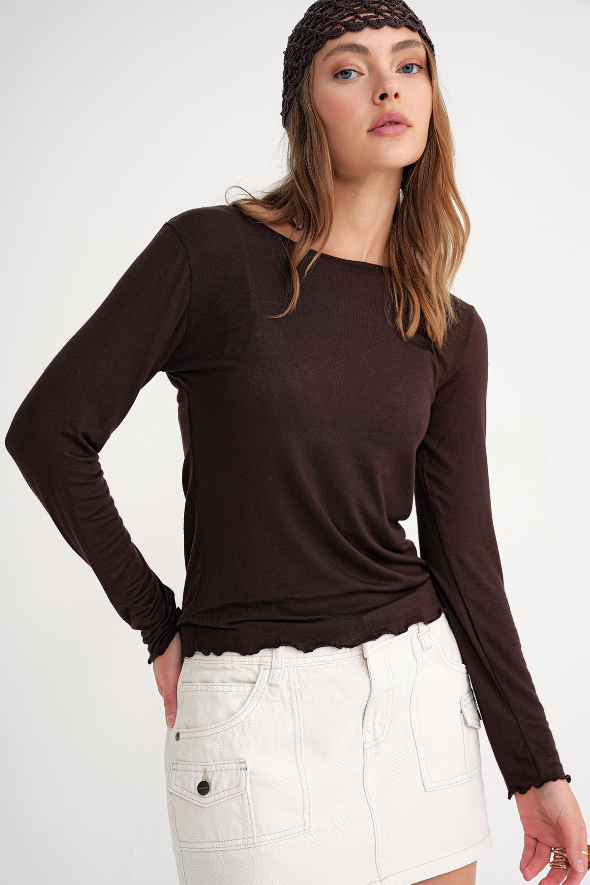 2014 Kadın Bisiklet Yaka Yazlık Transparan Bluz Kahve