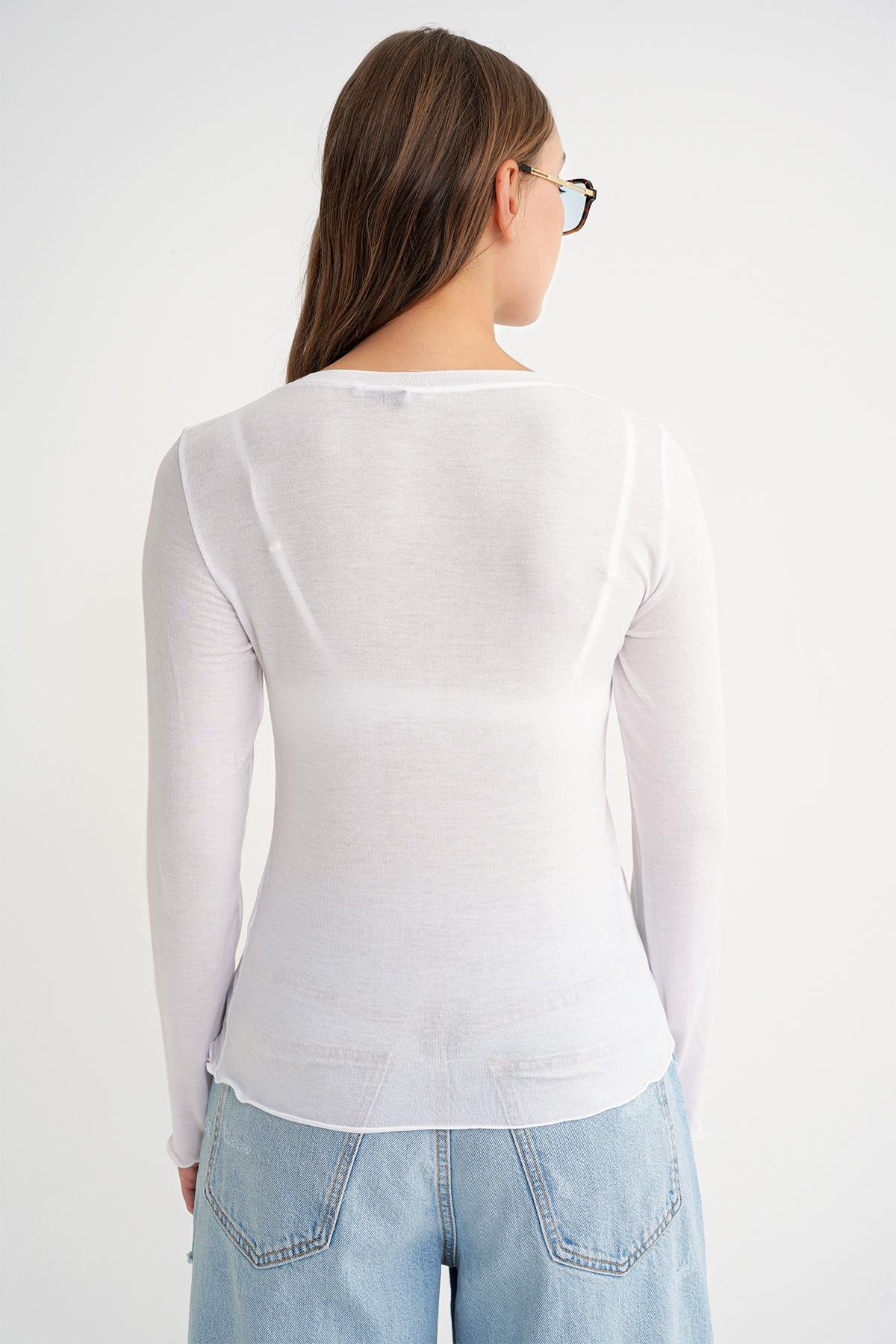 2014 Kadın Bisiklet Yaka Yazlık Transparan Bluz Beyaz