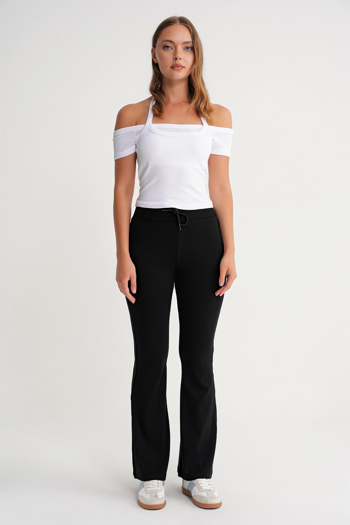 2017 Kadın Yüksek Bel İspanyol Paça Örme Bağcıklı Tayt Siyah