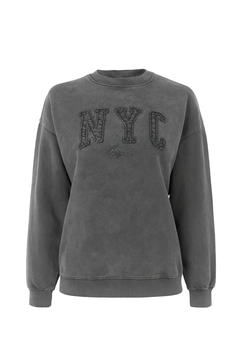 2018 Kadın NYC Nakışlı Yıkamalı 3 İplik Pamuklu Sweatshirt Antrasit