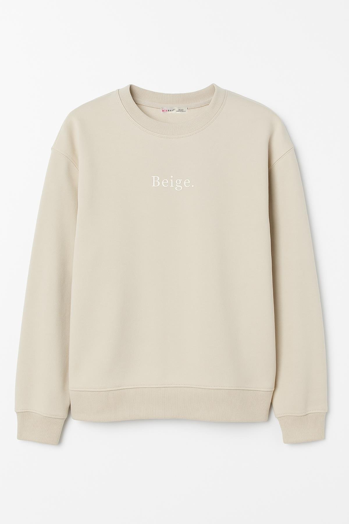 2019 Kadın Beige Baskılı 3 İplik Bisiklet Yaka Sweatshirt Bej