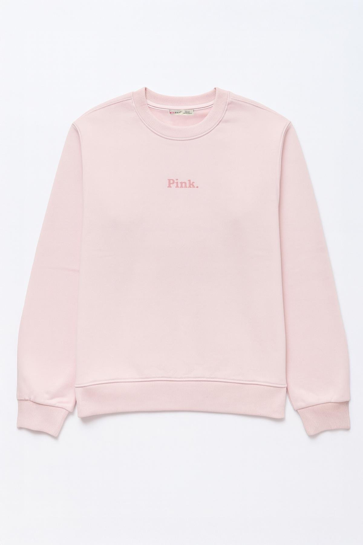 2019 Kadın Beige Baskılı 3 İplik Bisiklet Yaka Sweatshirt Pembe