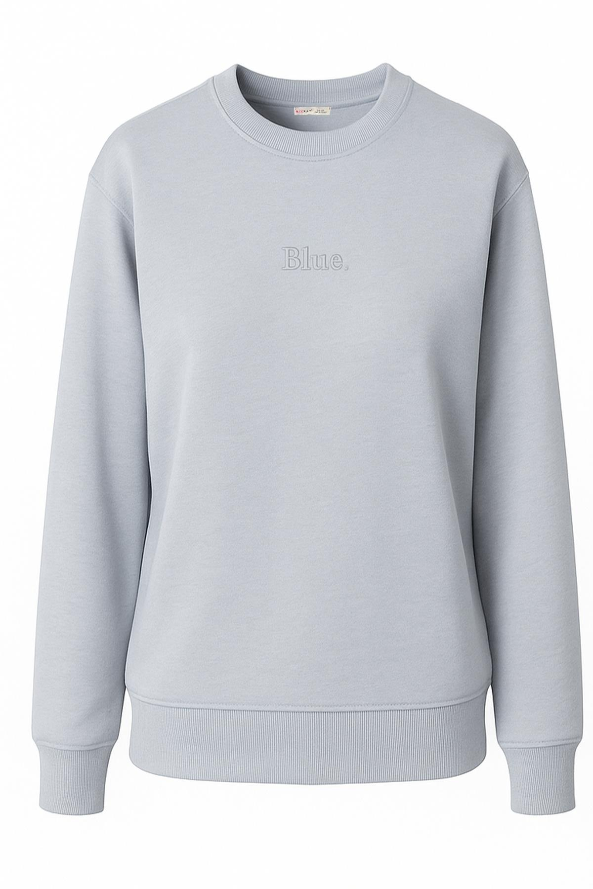 2019 Kadın Beige Baskılı 3 İplik Bisiklet Yaka Sweatshirt Bebe Mavi