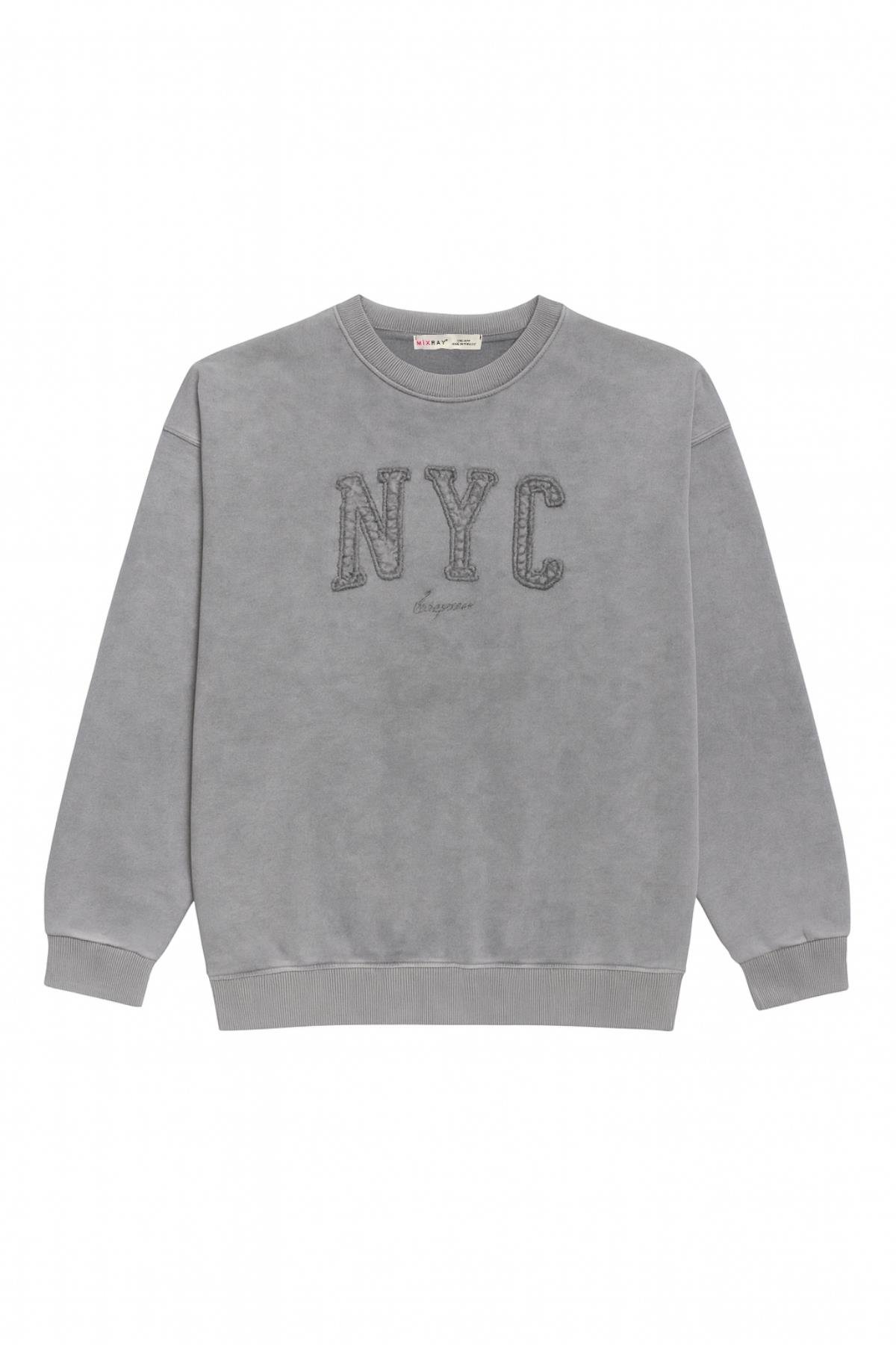 2020 Kadın NYC Nakışlı Taş Yıkama 3 İplik Sweatshirt Gri