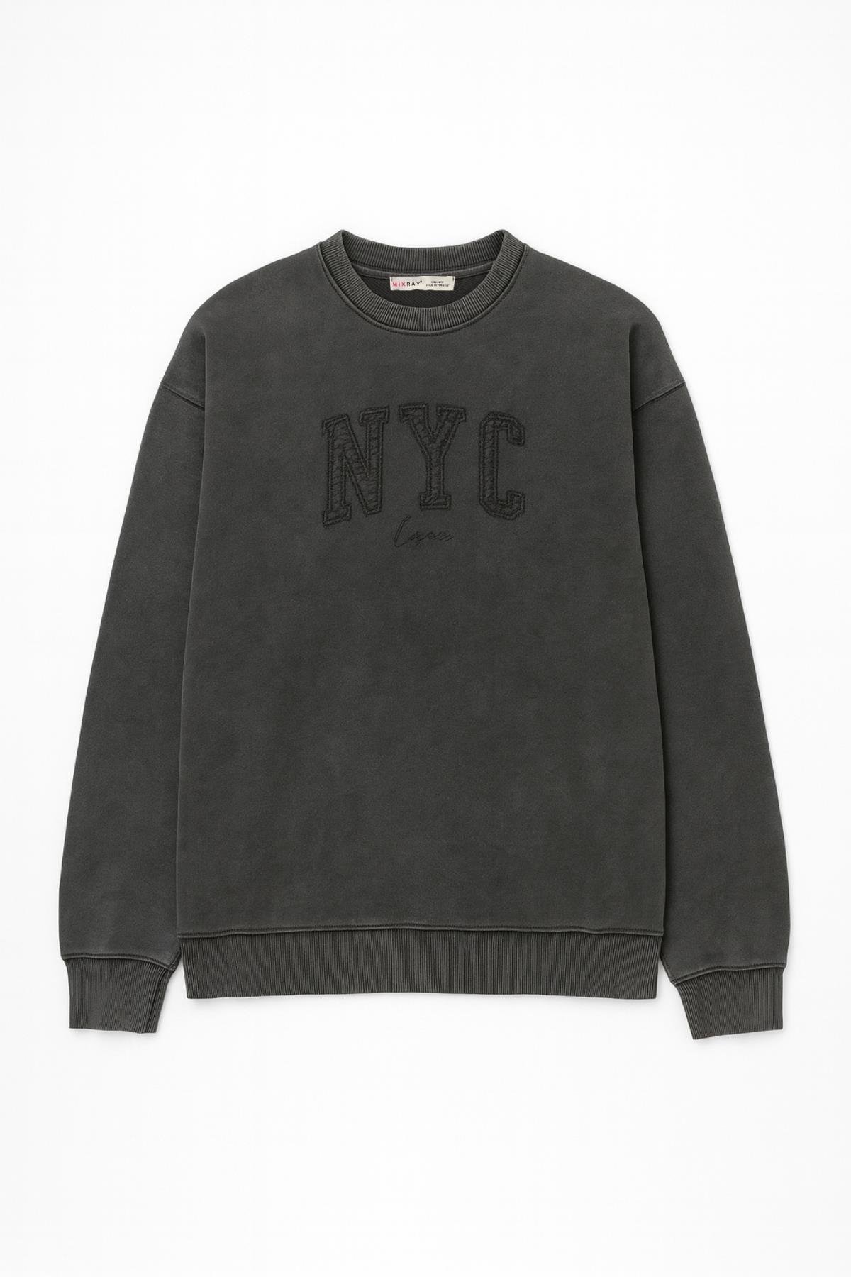 2020 Kadın NYC Nakışlı Taş Yıkama 3 İplik Sweatshirt Antrasit