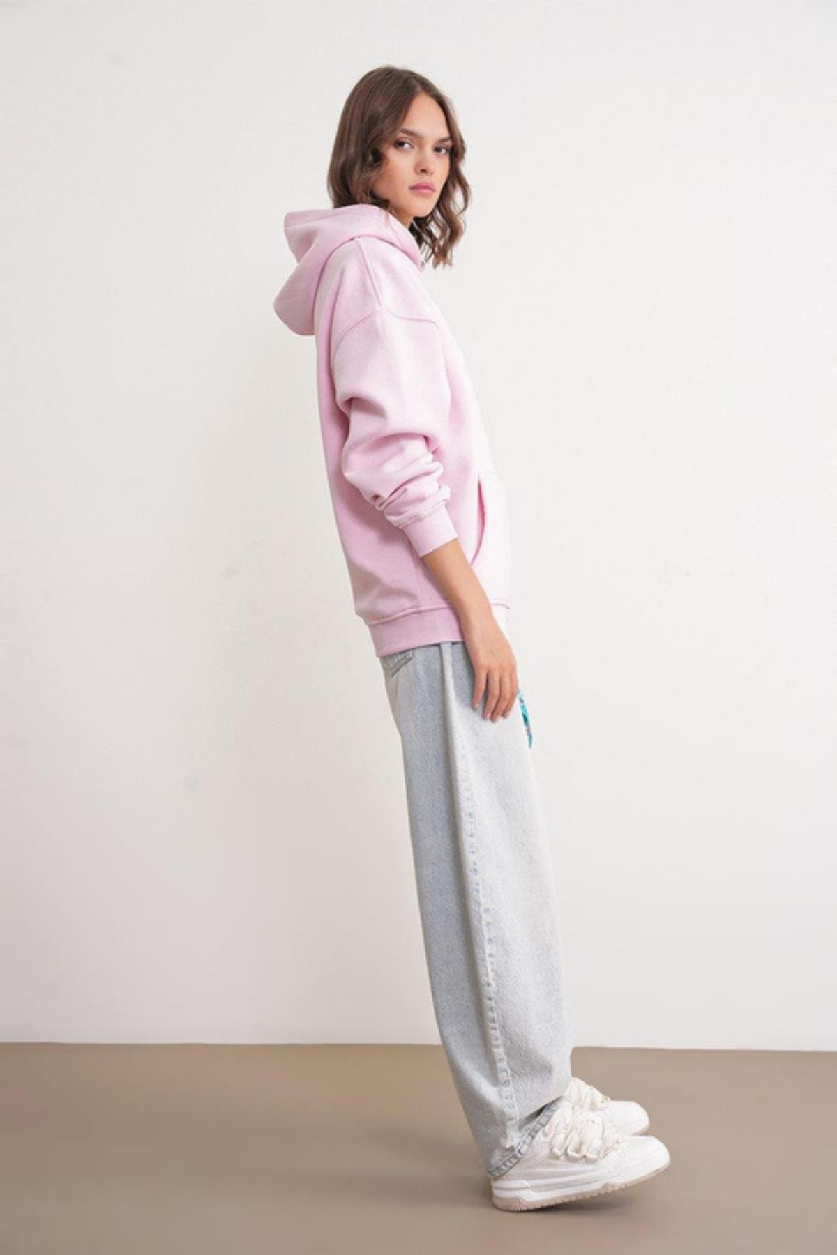 2022 Unisex 3İplik Basic Polarlı Kapüşonlu Sweatshirt Hoodie Pembe