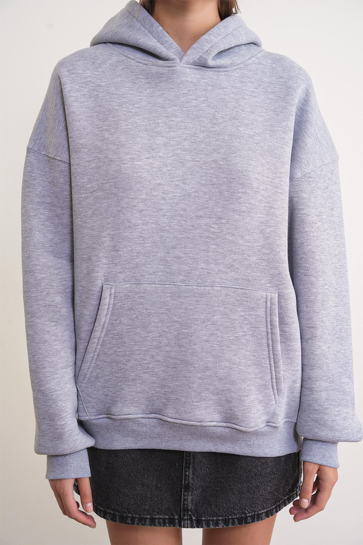 2022 Unisex 3İplik Basic Polarlı Kapüşonlu Sweatshirt Hoodie Gri