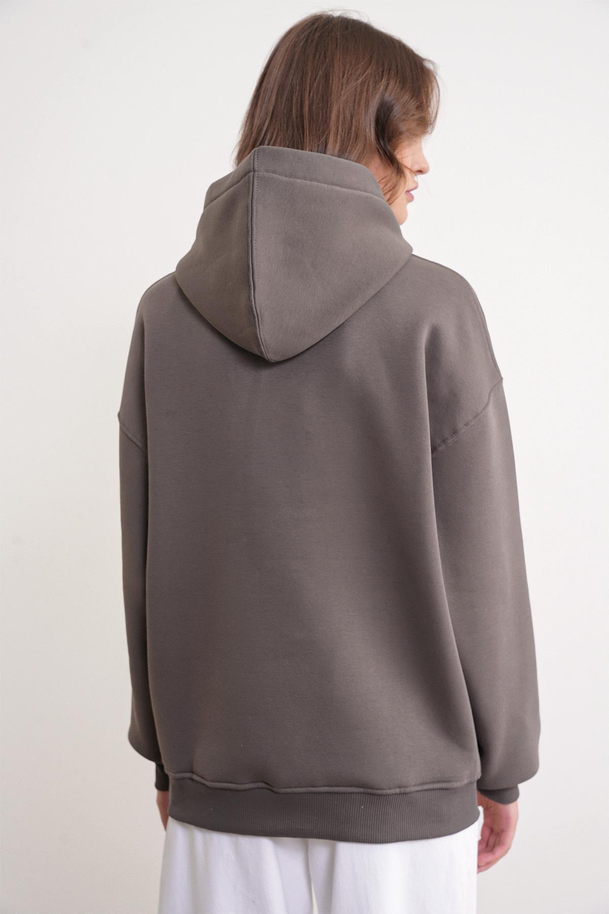 2022 Unisex 3İplik Basic Polarlı Kapüşonlu Sweatshirt Hoodie Antrasit