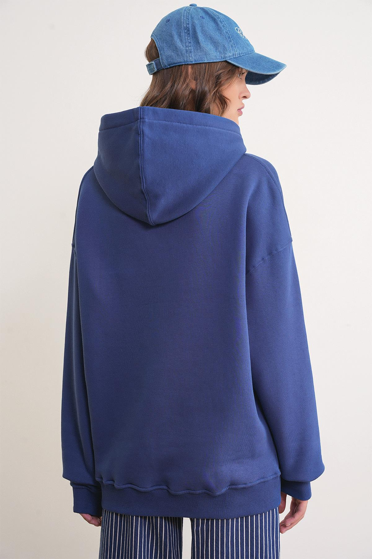 2022 Unisex 3İplik Basic Polarlı Kapüşonlu Sweatshirt Hoodie Lacivert