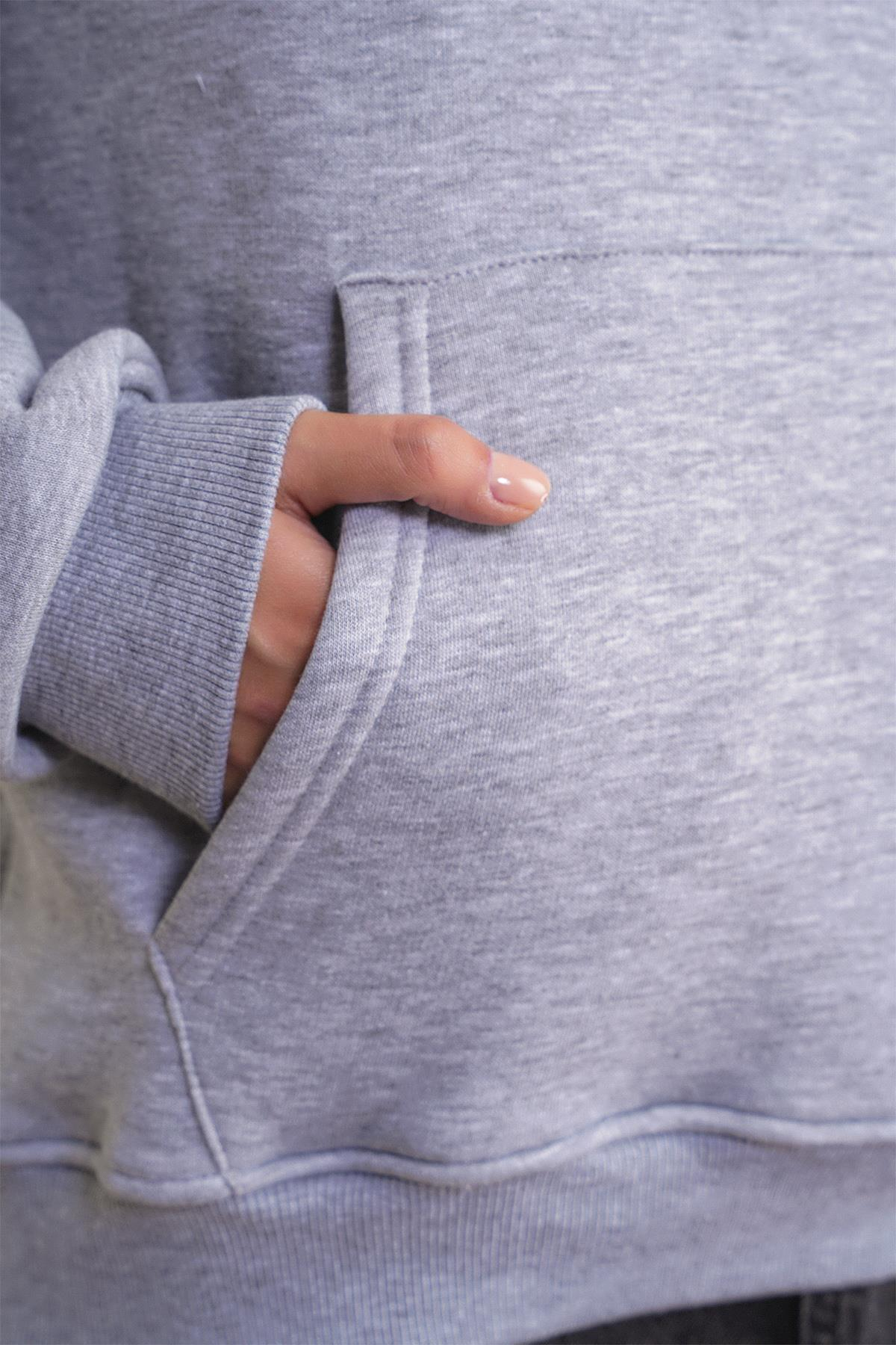 2022 Unisex 3İplik Basic Polarlı Kapüşonlu Sweatshirt Hoodie Gri