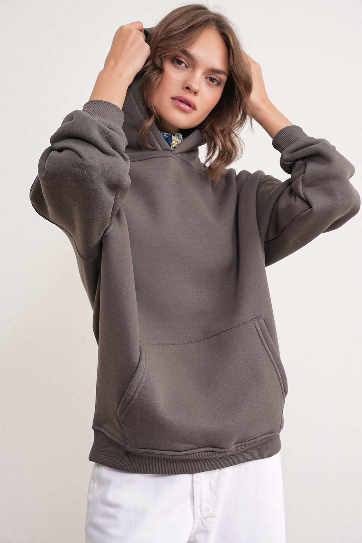 2022 Unisex 3İplik Basic Polarlı Kapüşonlu Sweatshirt Hoodie Antrasit