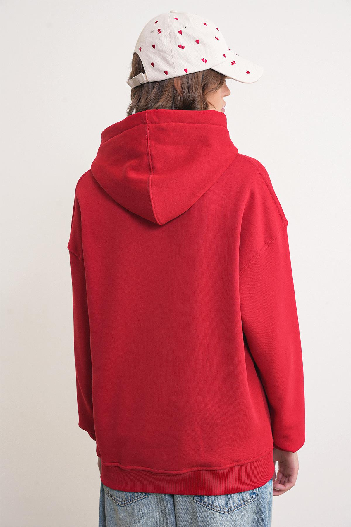 2022 Unisex 3İplik Basic Polarlı Kapüşonlu Sweatshirt Hoodie Kırmızı