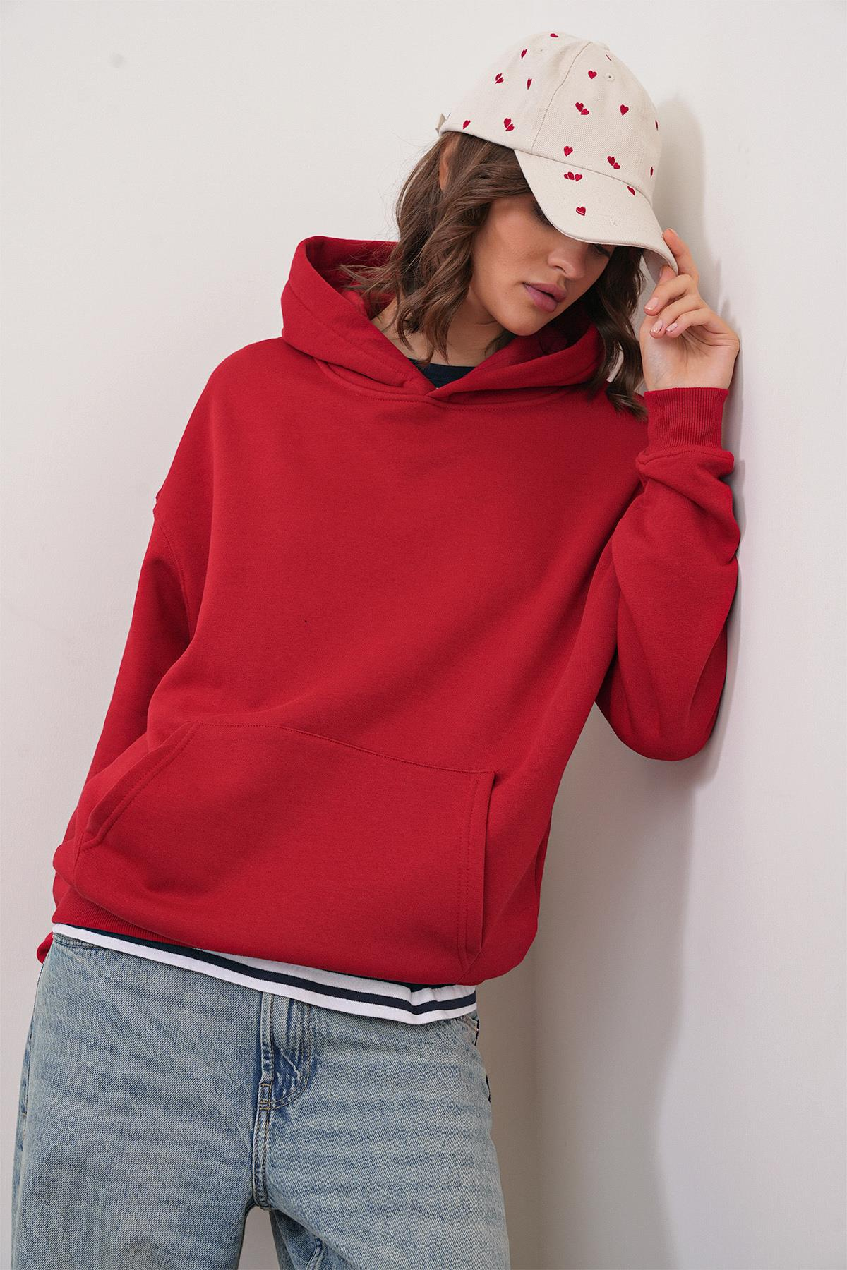 2022 Unisex 3İplik Basic Polarlı Kapüşonlu Sweatshirt Hoodie Kırmızı