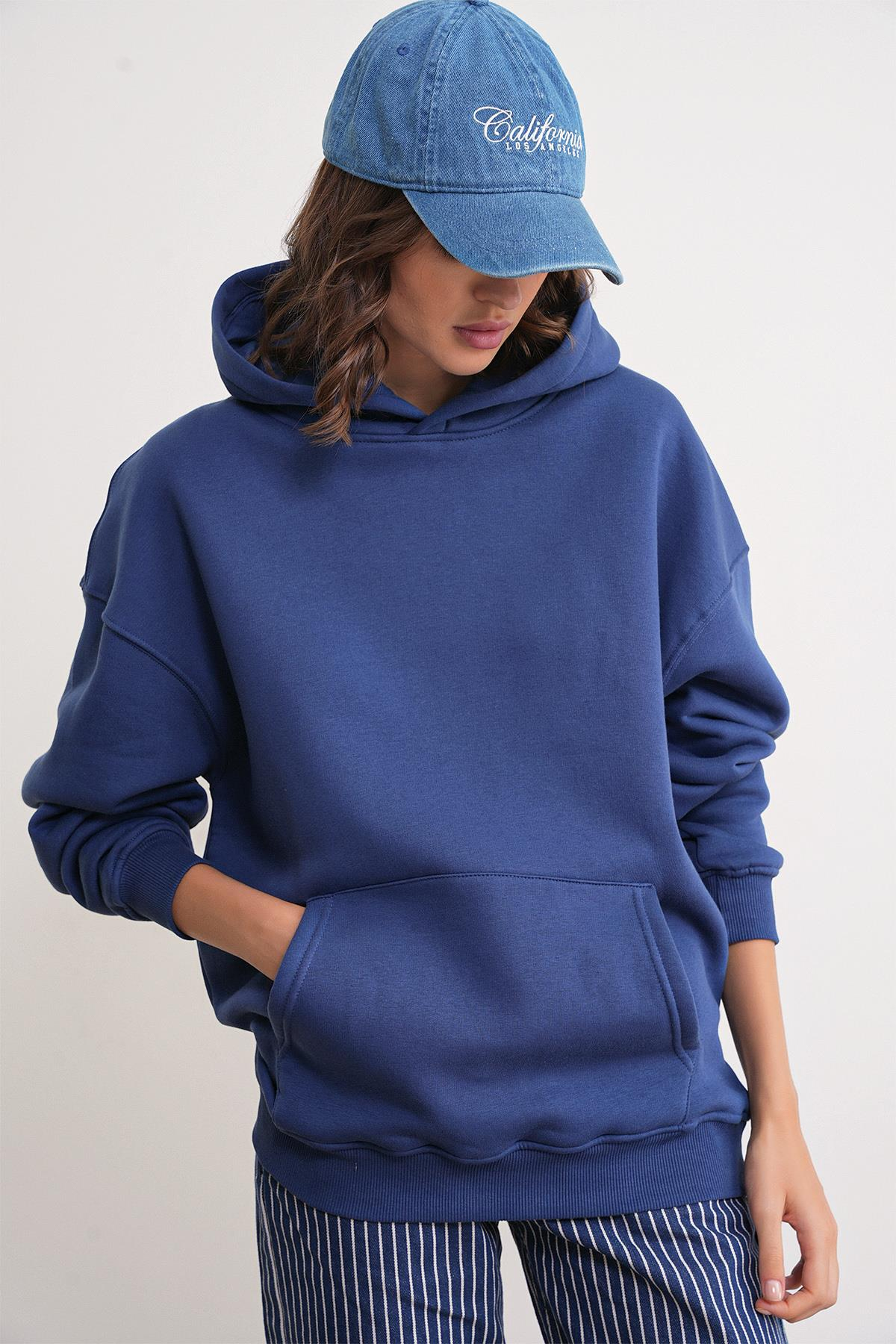 2022 Unisex 3İplik Basic Polarlı Kapüşonlu Sweatshirt Hoodie Lacivert