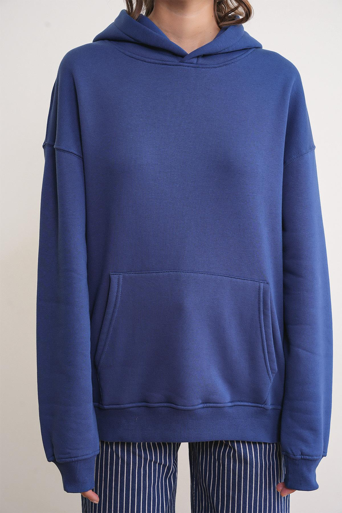 2022 Unisex 3İplik Basic Polarlı Kapüşonlu Sweatshirt Hoodie Lacivert