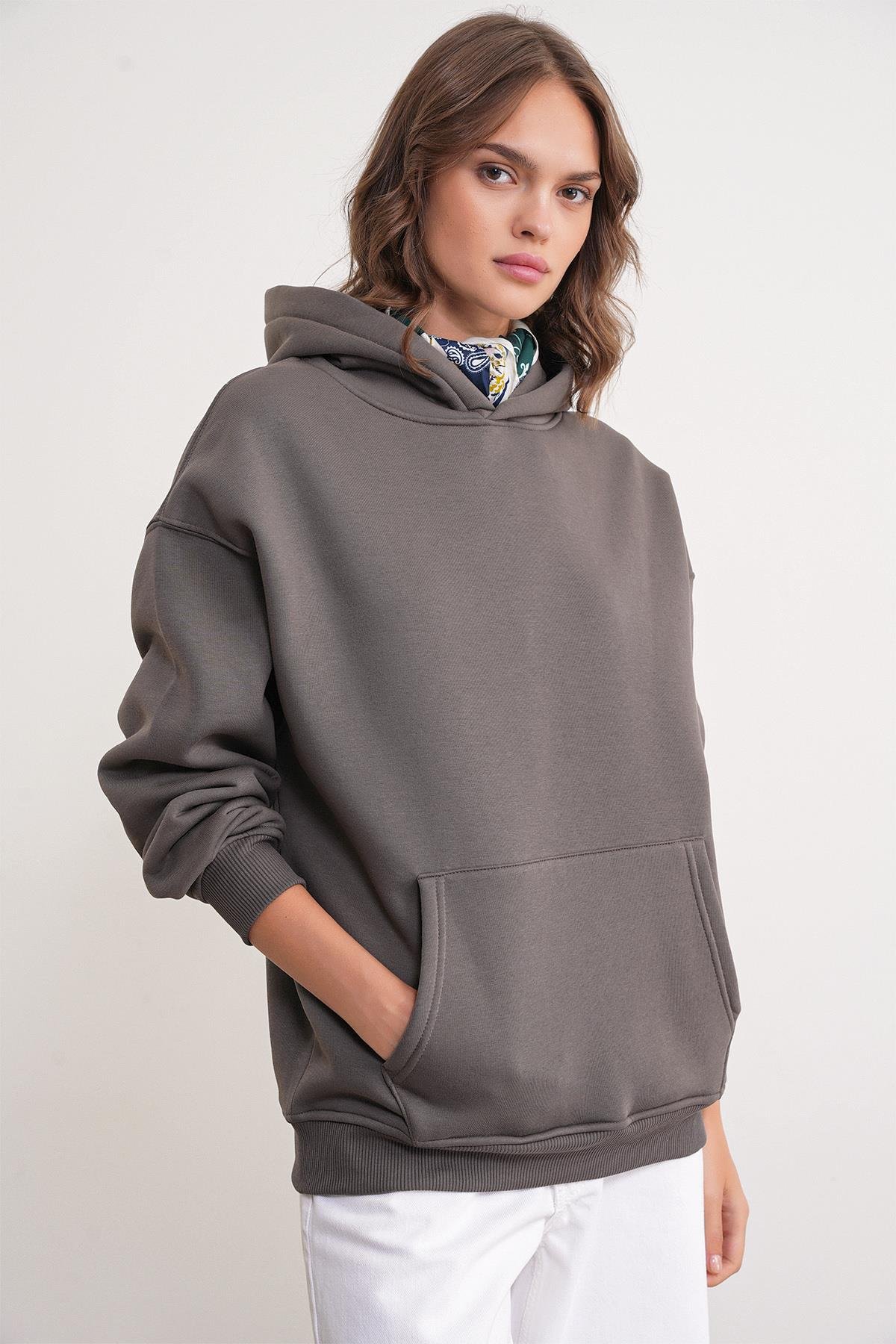 2022 Unisex 3İplik Basic Polarlı Kapüşonlu Sweatshirt Hoodie Antrasit