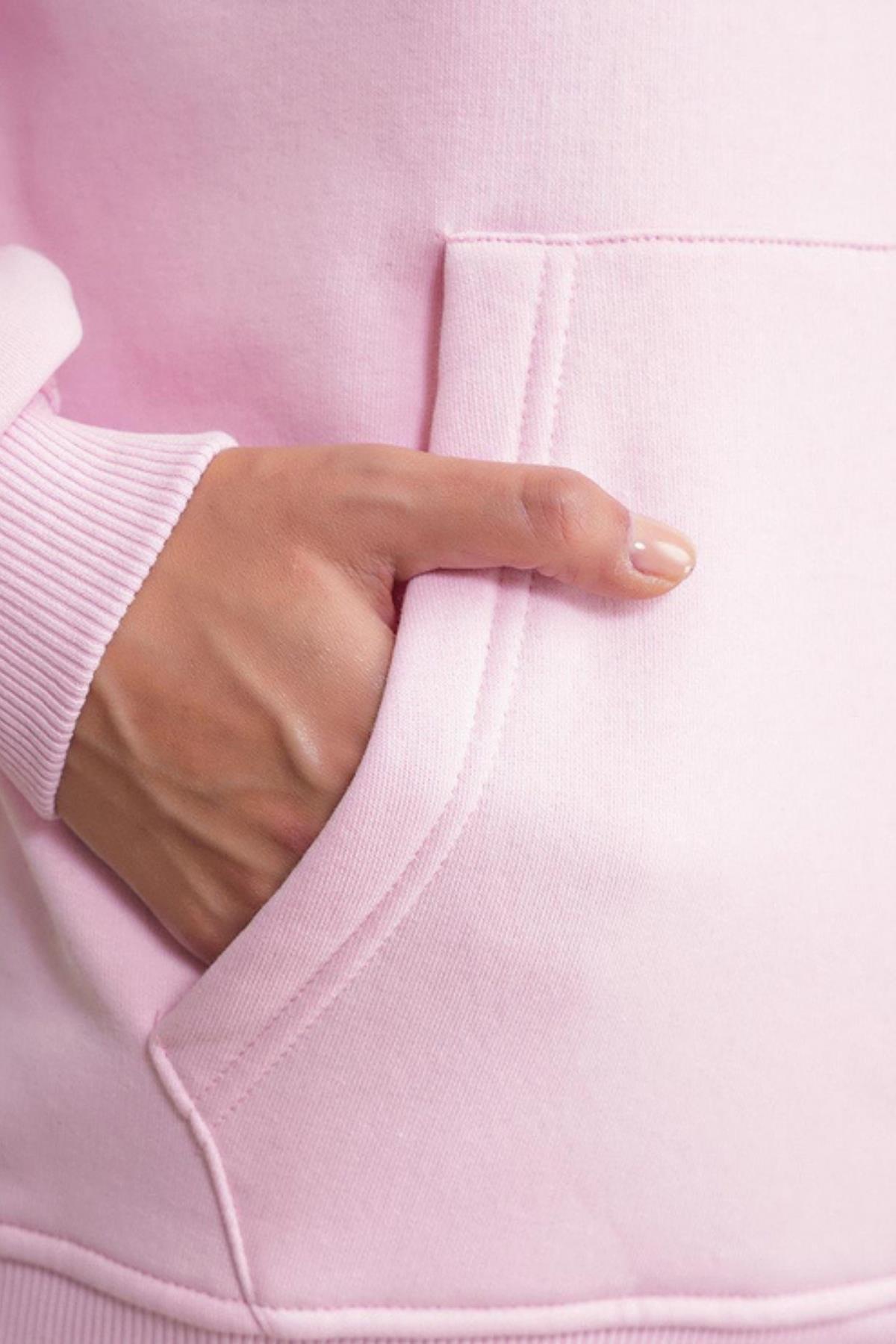 2022 Unisex 3İplik Basic Polarlı Kapüşonlu Sweatshirt Hoodie Pembe