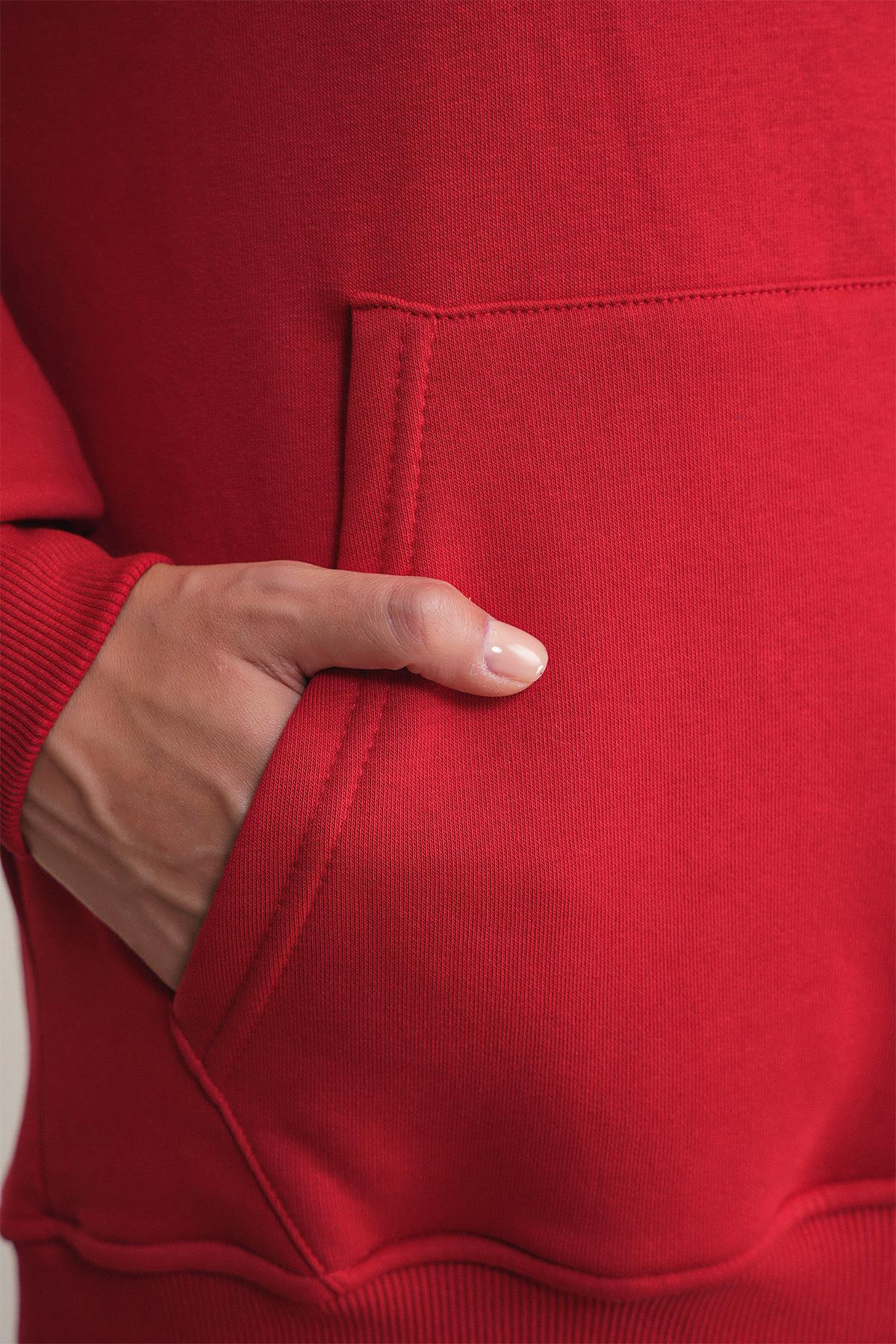 2022 Unisex 3İplik Basic Polarlı Kapüşonlu Sweatshirt Hoodie Kırmızı