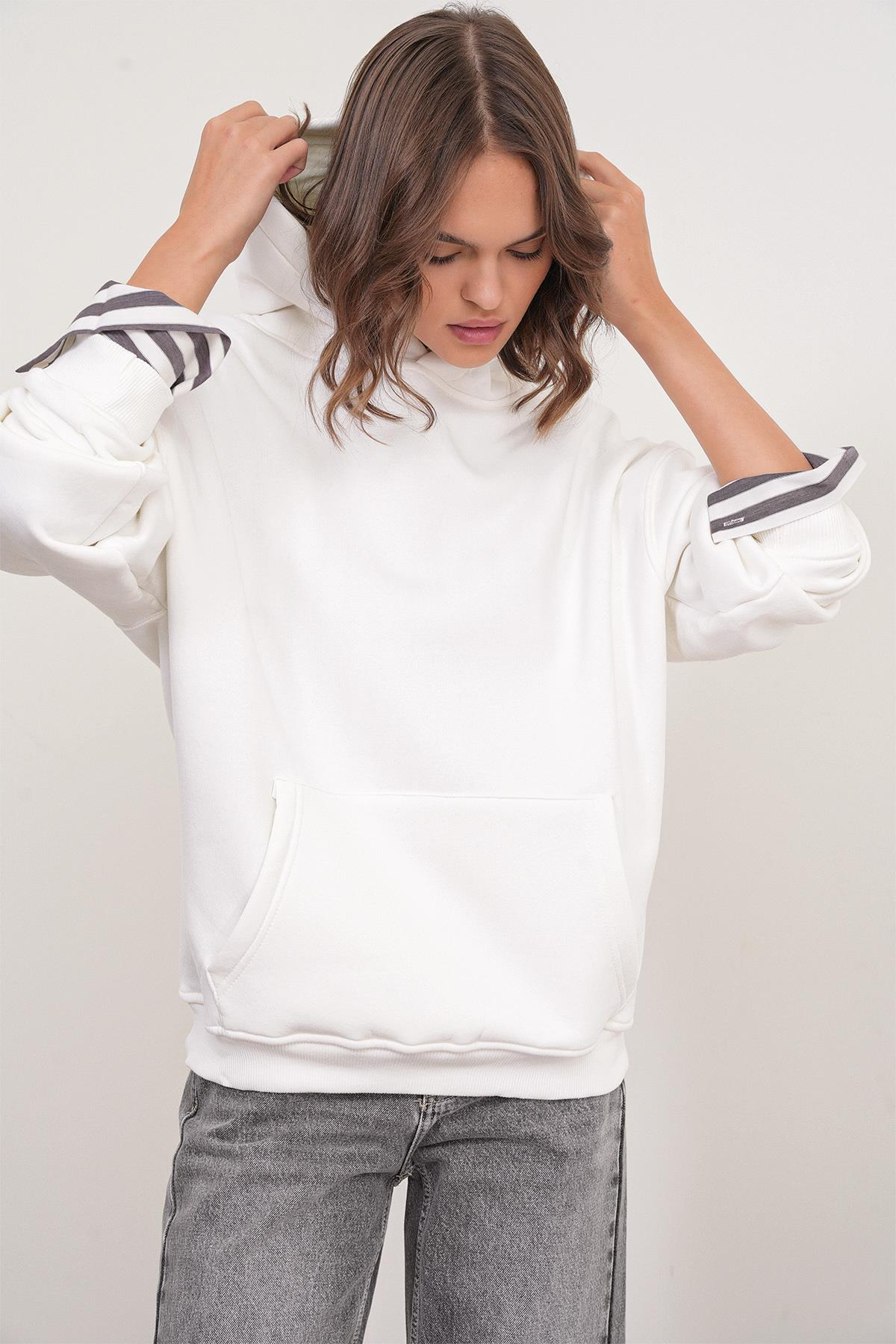 2022 Unisex 3İplik Basic Polarlı Kapüşonlu Sweatshirt Hoodie Beyaz