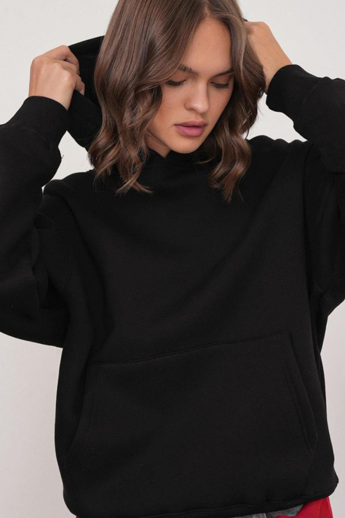 2022 Unisex 3İplik Basic Polarlı Kapüşonlu Sweatshirt Hoodie Siyah
