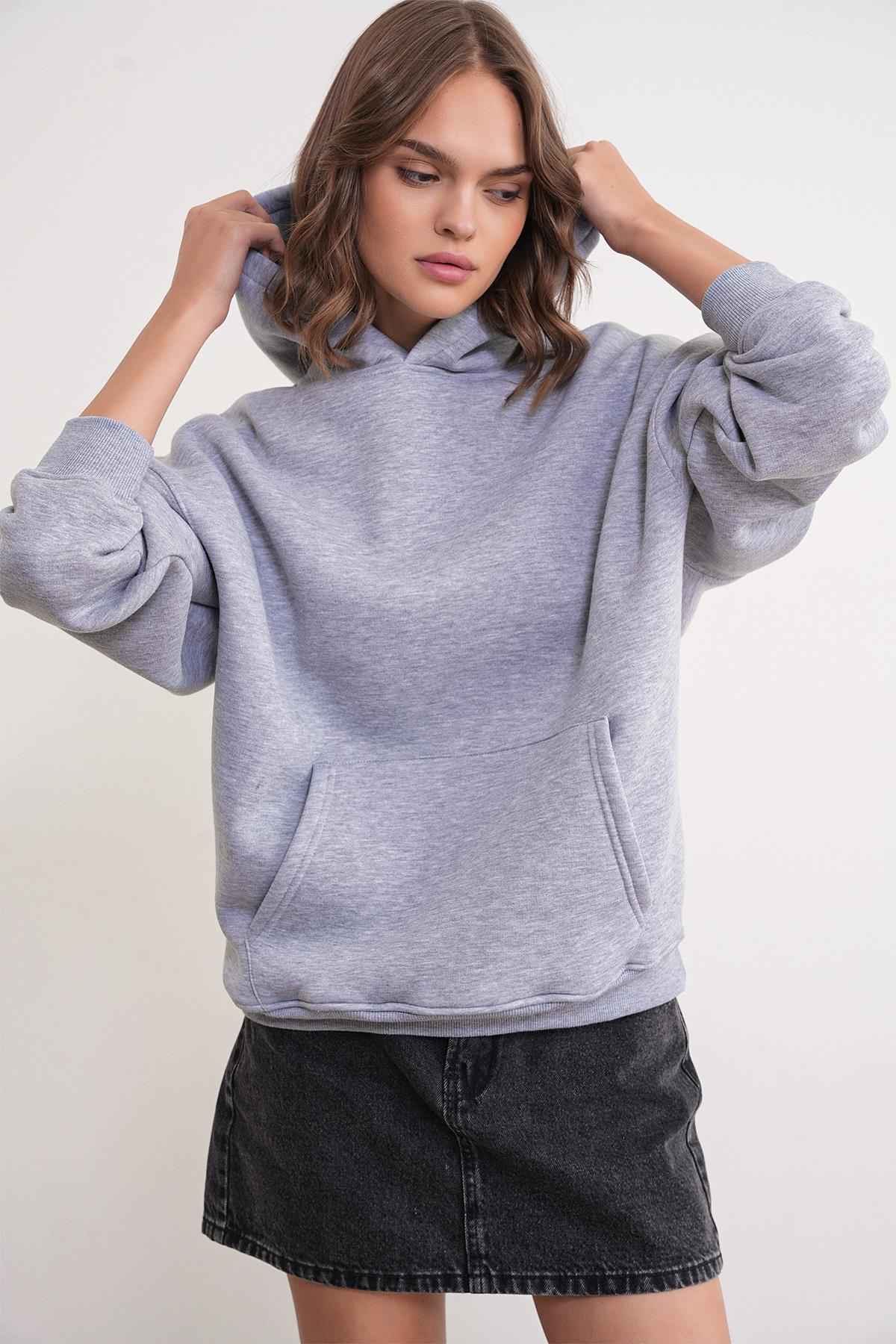 2022 Unisex 3İplik Basic Polarlı Kapüşonlu Sweatshirt Hoodie Gri