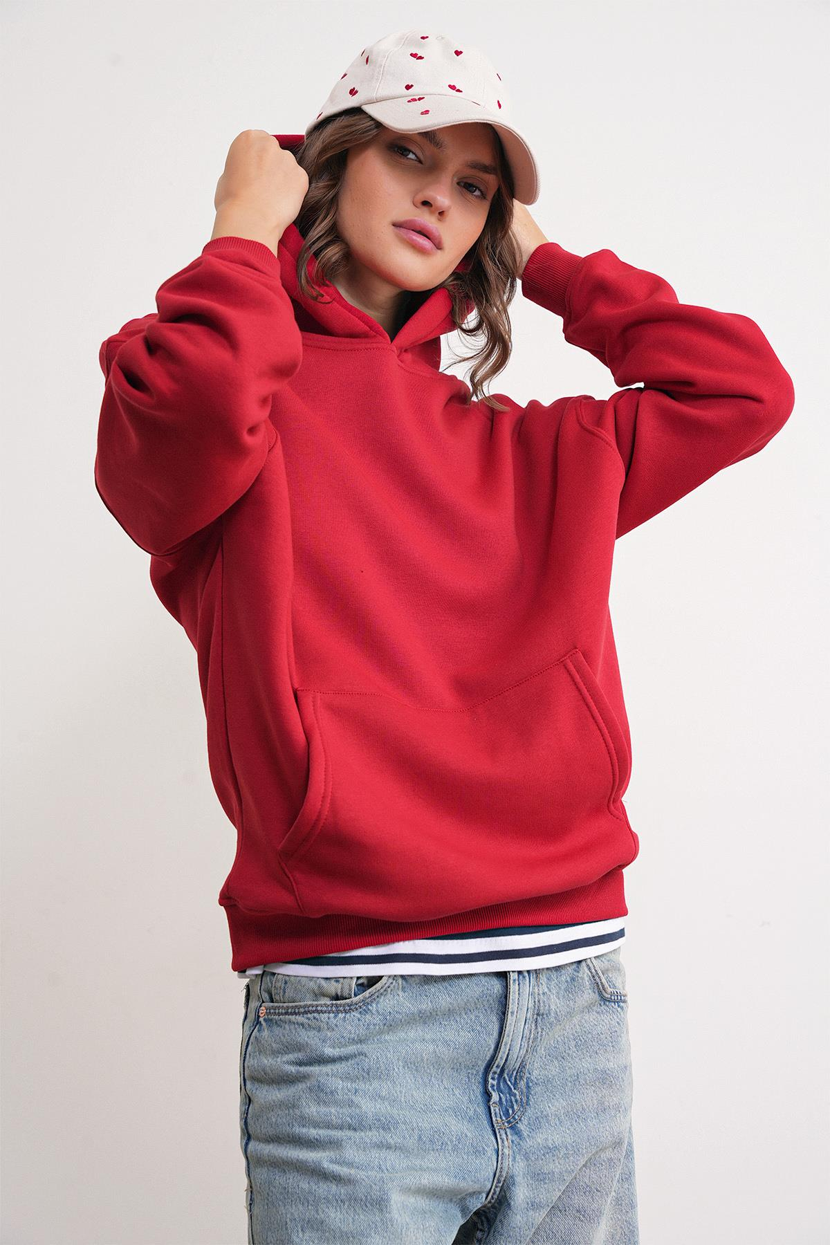 2022 Unisex 3İplik Basic Polarlı Kapüşonlu Sweatshirt Hoodie Kırmızı