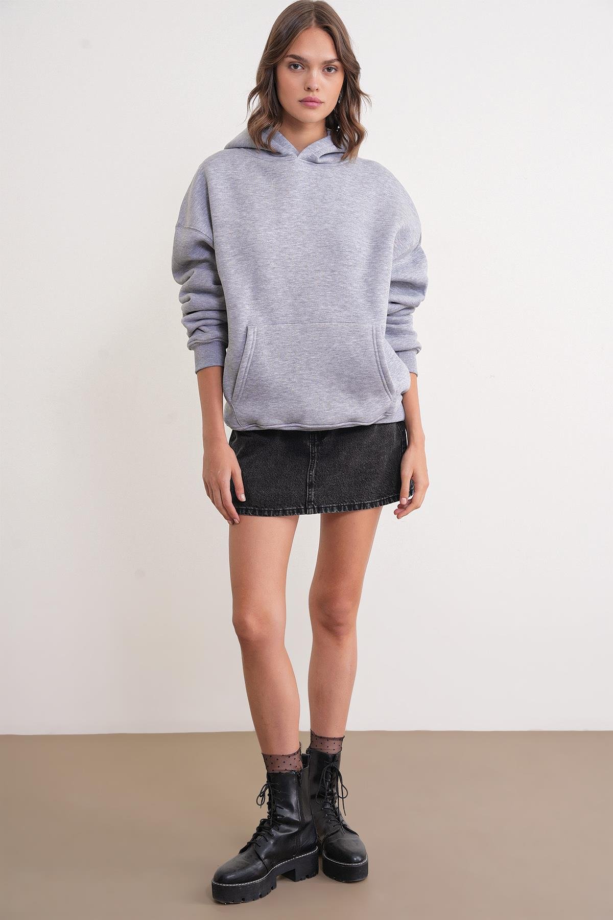 2022 Unisex 3İplik Basic Polarlı Kapüşonlu Sweatshirt Hoodie Gri